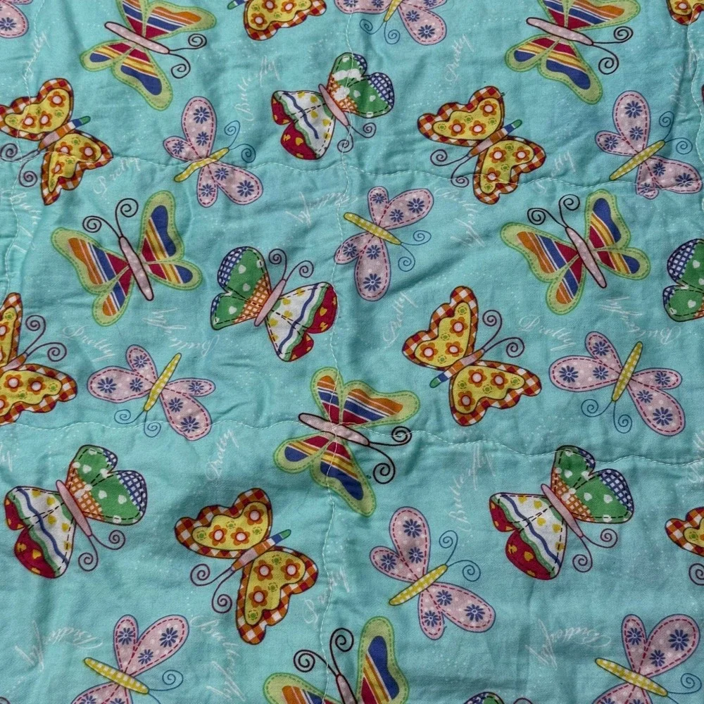 Vintage Daisy Kingdom Blue Jean Teddy Handmade Baby Quilt Butterfly Print 34x42